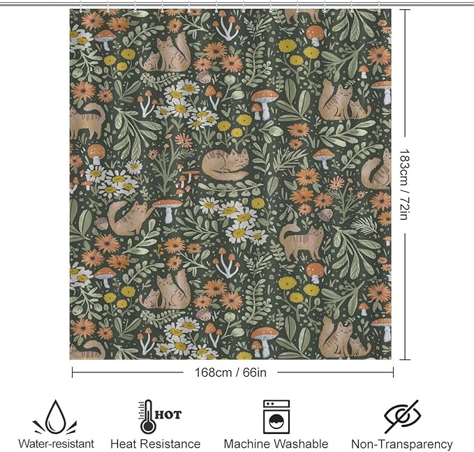Cartoon Cute Forest Shower Curtains, Fairy Tale Mushroom Cat Flower Floral Leaf Green Pattern Decor Print Bath Drapes Set with Hooks, Waterproof Fabric Windows Treatment for Bathroom, 66x72in