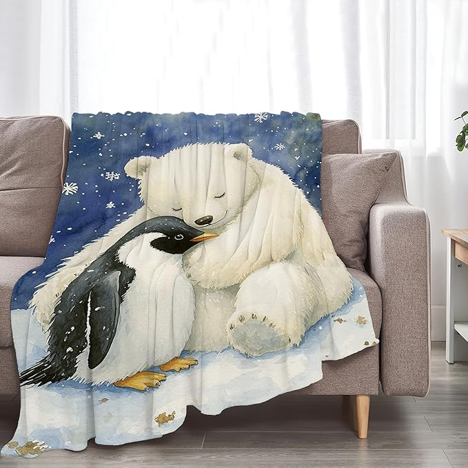 White Bear Blanket Ultra Soft Cozy Penguin Polar Bear Throw Blanket Fleece Fuzzy Plush Animal Blanket Decor Gifts for Women Girls Adults Couch Sofa 60"x50"
