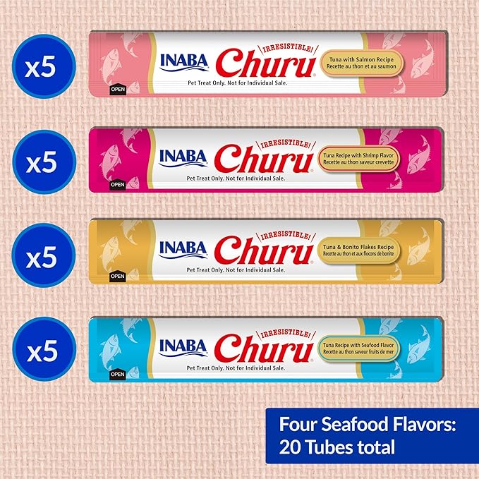 INABA Churu Cat Treats, Grain-Free, Lickable, Squeezable Creamy Purée Cat Treat/Topper with Vitamin E & Taurine, 0.5 Ounces Each Tube, 20 Tubes, Seafood Variety Box