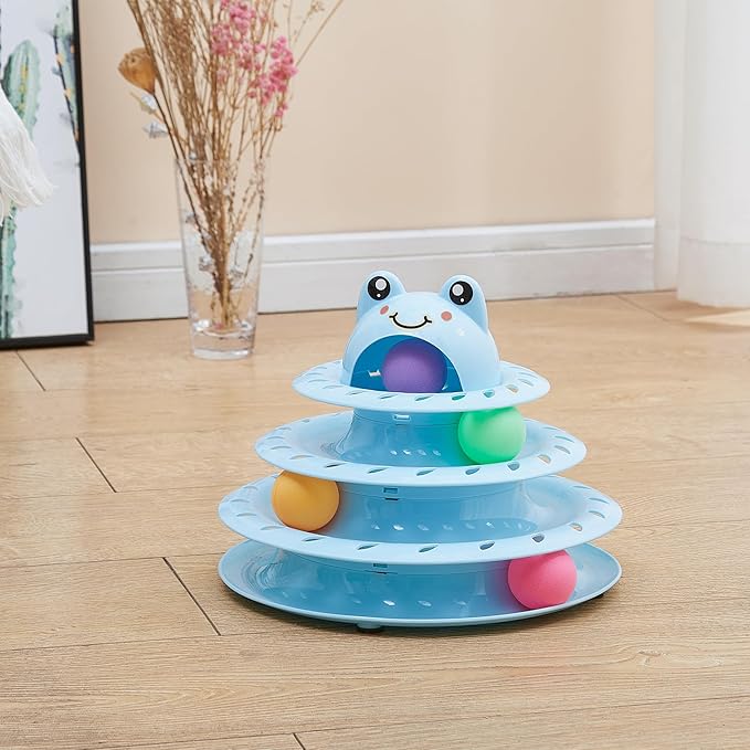 Suhaco Interactive Cat Toys for Indoor Cats Fun Roller 4 Level Cat Tower with Cute Stickers Turntable Kittens Ball Teaser Toy (Blue)