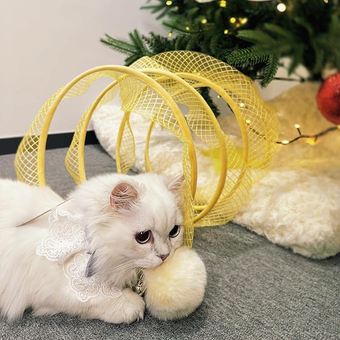 Folded Cat Tunnel, Cat Tunnel for Indoor Cats, Collapsible Cat Tunnel with Feather and Bell, Folded Cat Tubes, Cat Spring Toys for Rabbits and Cats, Portable Pet Toy (Blue)