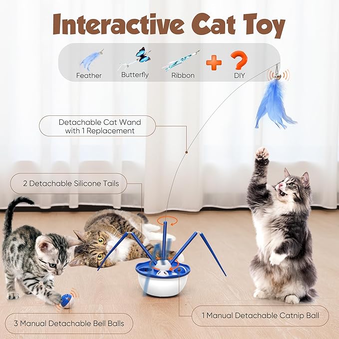 Automatic Cat Toys,7in1 Detachable Interactive Cat Toy, USB Rechargeable Cat Toys for Indoor Cats with Feather Butterfly Ribbon Cat Wand Catnip Ball for Cats Enrichment (Blue)