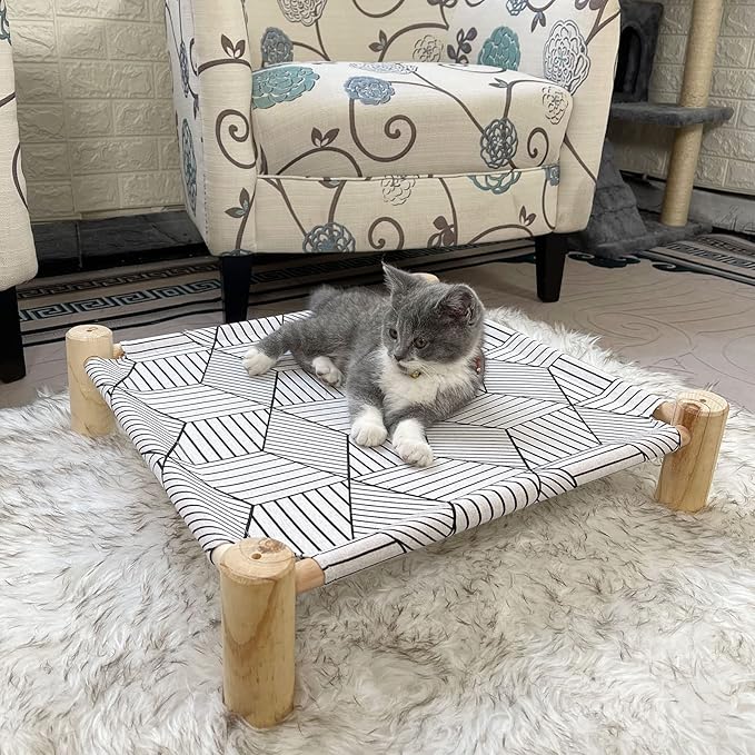 Pozico Cat/Dog Bed Hammock Cat Bed, Wooden Dog Elevated Indoor Outdoor Beds, Raised Cat Cots Furniture Pet Bed Puppy Bed Portable Breathable Mesh Cat Beds for Small Animals-White Diamond