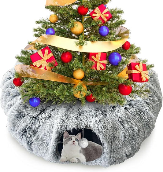 Cat Tunnel Bed with Central Mat, Big Tube Playground Toys, Soft Plush Material Cat Donut Tunnel, Peekaboo Cat Cave, Full Moon Cat Tunnels for Cat, Kitten, Puppy, Rabbit (Grey)