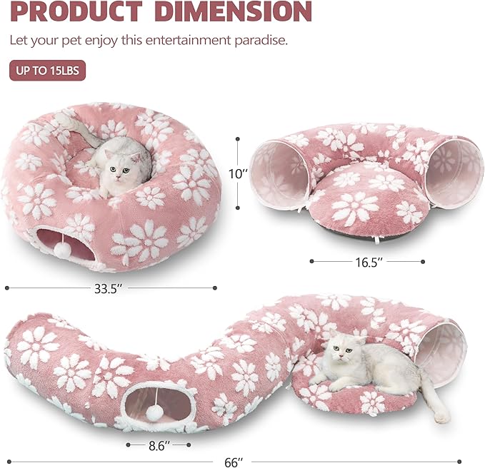Cat Tunnel for Indoor Cats, Cute Peekaboo Cat Cave Play Tunnel with Dangling Balls, Pet Donut Tunnel Bed with Circle Mat for Cat Puppy Kitten Rabbit, Pink