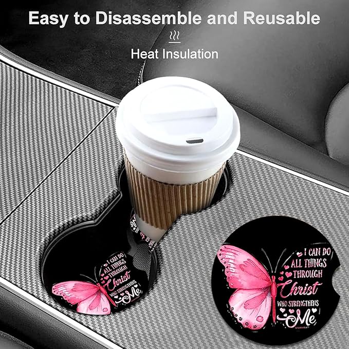 Car Coasters for Cup Holders,2 Pack Pink Butterfly Car Coasters,2.75" Universal Size Anti Slip Rubber Mat,Automotive Cup Holder Decal Decor Accessories,Butterfly Gifts for Women,Men,Mom