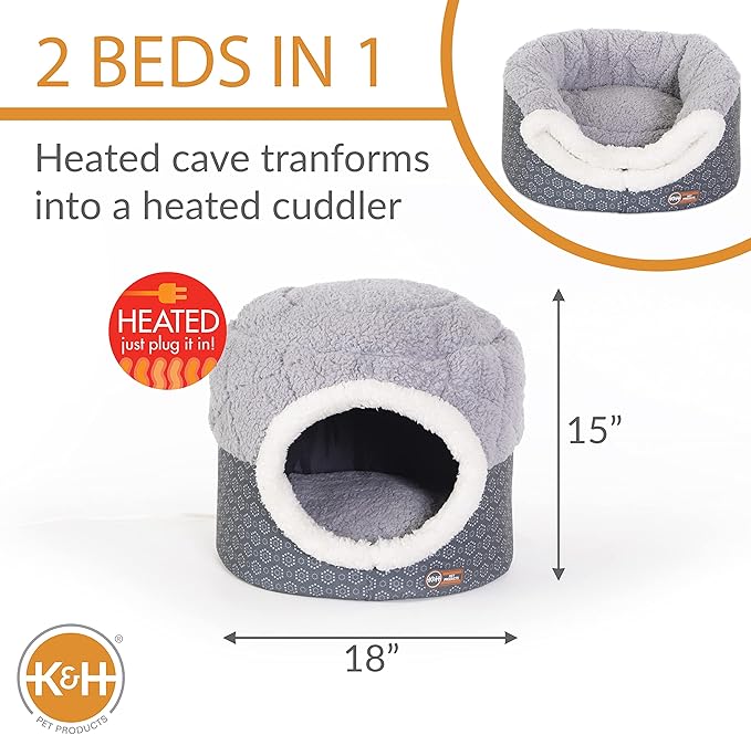 K&H Pet Products Thermo-Pet Nest Heated Cat Bed for Indoor Cats & Kittens, 2-in-1 Heated Cat Cave & Cuddler, Gray, Small 18 X 15 Inches