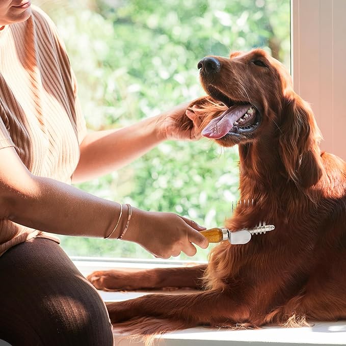 TAKAVU Dematting Fur Rake Comb Brush for Dogs and Cats, Safety Steel Blades Detangling Pet Brush, Undercoat Grooming Brush Cutting and Removing Dead Matted Knotted Hair for Doodles Poodles Terrier