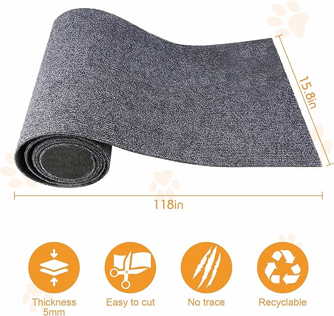 118”x15.8” Trimmable Cat Scratching Post Carpet Cover Cat Scratcher Mat Self-Adhesive Cat Tree Shelves Replacement Parts Mat with 5M Cable Tie Couch Furniture Protector for Indoor Cats(Beige)