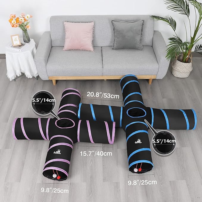 Pawaboo Cat Toys, Cat Tunnel Tube 4 Way Tunnels 25x53cm Extensible Collapsible Cat Play Tent Interactive Toy Maze Cat House with Balls and Bells for Cat Kitten Kitty Rabbit Small Animal, Blue