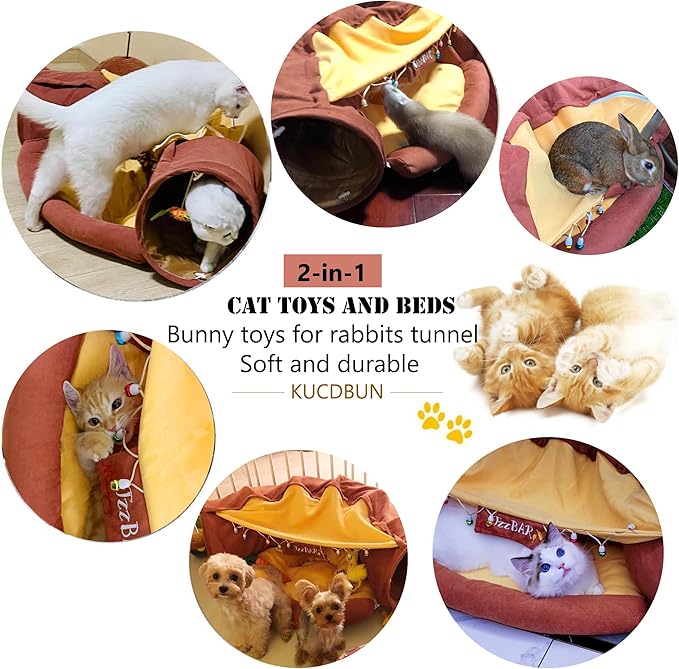 Cat Tunnel Bed, 2-in-1 Cat Tunnel for Indoor Cats Collapsible Cat Tunnel Tubes Toys with Removable Mat for Pet Cats Kittens Puppies Rabbits Bunnies Ferrets (Bar)