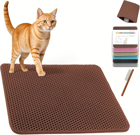 2025 𝗡𝗘𝗪 Waterproof Cat Litter Mat | Double Layer EVA, Odor-Free Large Grid | Urine Proof & Easy Cleanup | Soft on Paws | Versatile Design for Litter and Feeding (Brown, 22×31)