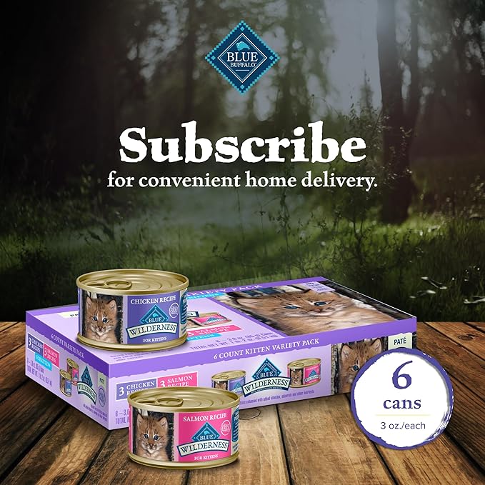 Blue Buffalo Wilderness Kitten Food, High-Protein & Grain-Free Wet Cat Food Paté Variety Pack, Chicken & Salmon Recipes, 3-oz. Cans (6 Count, 3 of Each)