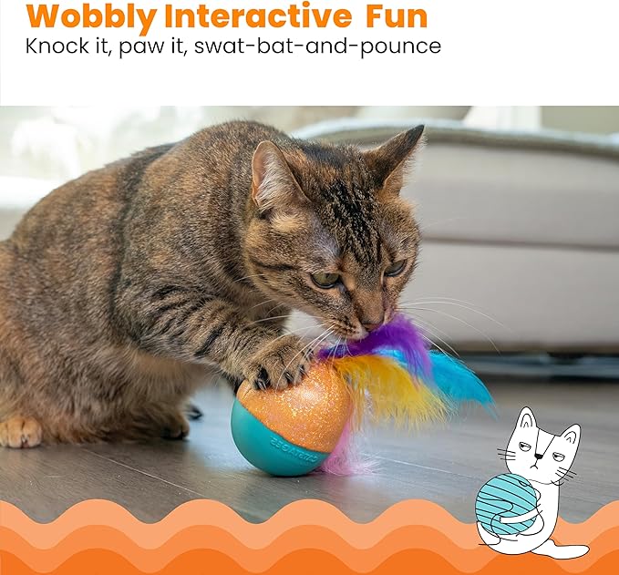 Catstages Whack N’ Wobble Ball Interactive Cat Toy Catnip Coated Wobble Ball with Feathers and Bells, Turquoise