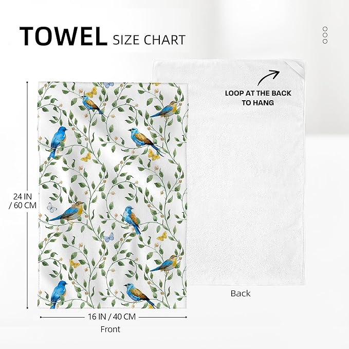 Blue Birds Kitchen Towels Sets of 2, Cute Botanic Absorbent Decorative Dish Towels Tea Towels Hand Towels for Kitchen Farmhouse Bar,Gifts for Bird Lovers,Kitchen Decor Accessories