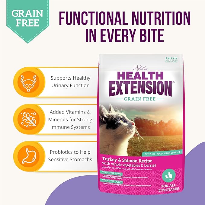 Health Extension Dry Cat Food, (15 lb / 6.8 kg) - Turkey & Salmon Recipe with Whole Vegetables, Berries, Added Vitamins & Minerals, Suitable for All Cats & Kittens