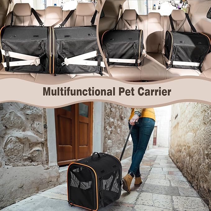 2-in-1 Cat, Dog Carrier for Pets up to 30 Lbs, Double Pet Carrier Car Travel Portable Twin Compartment Pet Kennel Dog Crate Set with Litter Box, Bowl for Outdoor Camping
