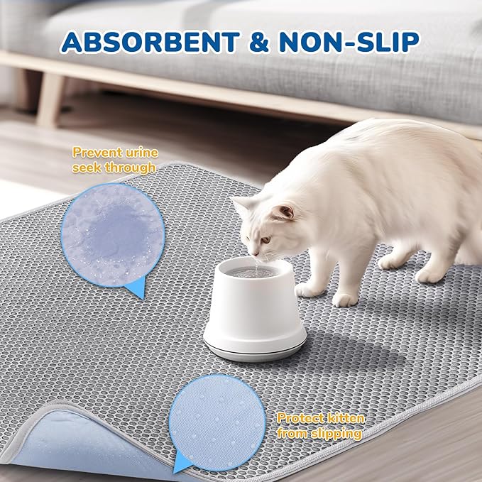 BurgeonNest Cat Litter Mat 30" x 24", Upgraded Felt & Fabric Material Cat Trapping Mat for Fewer Creases, Holds 1-2 Litter Boxes, Urine-Proof, Machine Washable, Non-Slip, Soft on Paws, Grey
