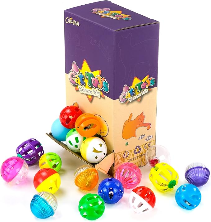 CHIWAVA 36 Pack Plastic Noisy Cat Toy Balls with Bell Kitten Chases Toy 8 Type Assorted Color Size
