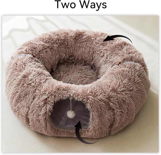 HIPIPET Winter Plush Cat Tunnel with Cat Bed for Indoor Cats,Multifunctional Cat Toys for Small Medium Large Cat.(Light Brown)