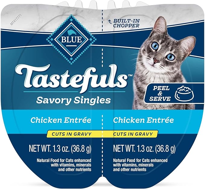 Blue Buffalo Tastefuls Savory Singles Natural Wet Cat Food in Gravy, 2.6-oz. Twin-Pack Trays, Chicken Entreé (24 Count)
