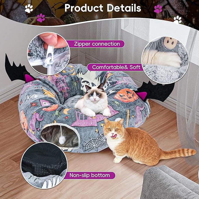 Halloween Cat Tunnel Bed, Cat Tunnels for Indoor Cats Large with Bat Wings, Foldable Cat Donut Tunnel with Soft Mat and Dangling Balls, Cat Play Tunnel Toy with Ghost, Spider Web Pattern Decorations