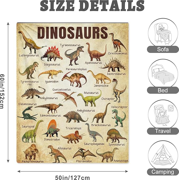 Dinosaur Blanket for Kids, Educational Gifts for Dinosaur Lovers Children Boy Girl, Jurassic World Dinosaurs Throw Blanket Ultra-Soft Skin-Friendly for Sofa Bed Home Dino Room Decor 50 * 60in