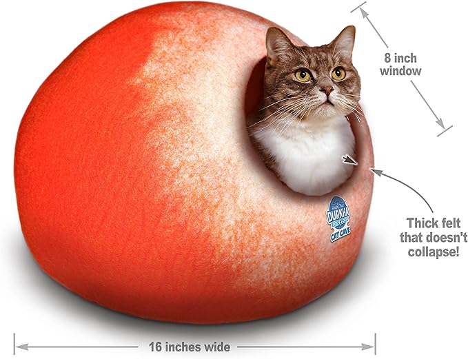Felt Cat Cave Bed, Handmade Covered Cat Bed Cave, Wooly Cave for Cats, Dome Shaped Cat Pod, Cat Beds & Furniture, Felt Cat Beds for Indoor Cats (Orange and White)