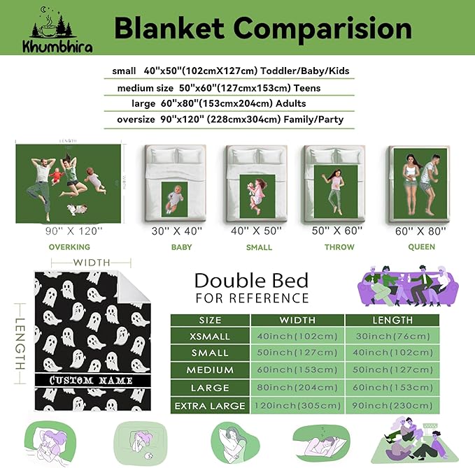 Cute Little Funny Ghost Custom Blanket Black Night Sky Spooky Personalized Throw Blankets Gifts for Girl Boy Flannel Fleece Halloween Customized Throw Blankets for Adults With Name Sofa Chair 80x60In