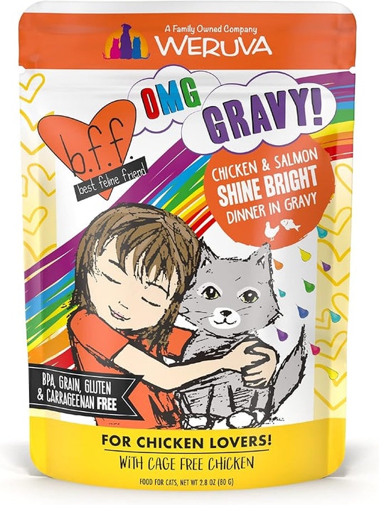 Weruva B.F.F. OMG - Best Feline Friend Oh My Gravy!, Chicken & Salmon Shine Bright with Chicken & Salmon in Gravy, 2.8oz Pouch (Pack of 12)