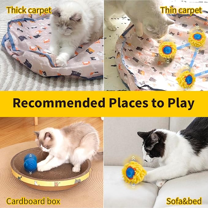 Interactive Cat Toys,Fast Bouncing Ball in Play Mat,Fast Rolling Ball Hide and Seek Game for Indoor Exercise Kicker,Automatic Motion Activated Moving Ball,28 Inch Play Pouch