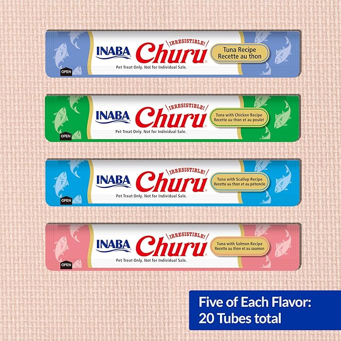 INABA Churu Cat Treats, Lickable, Squeezable Creamy Purée Cat Treat with Green Tea Extract & Taurine, 0.5 Ounces Each Tube, 20 Tubes, Chicken Variety