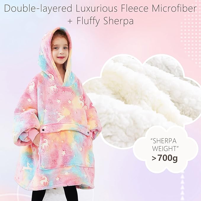 Glow in The Dark Wearable Blanket Hoodie for Kids Sherpa Patterns Oversized Sweatshirt Blanket with Pocket 6-10 Year Old Girl Birthday Gifts Rainbow