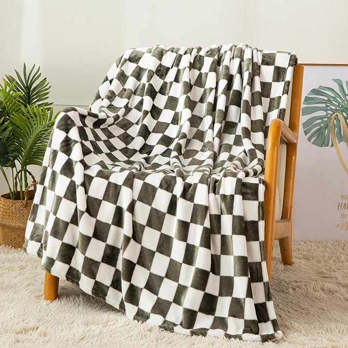 Checkered Throw Blanket | Ultra Soft Warm Fleece Blanket Checkerboard Grid Plush Blanket for Couch Bed Sofa | Birthday Valentine's Day 50"x60" Olive Green