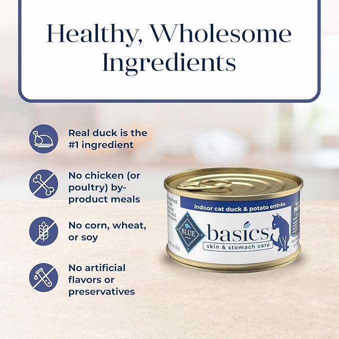 Blue Buffalo Basics Grain-Free Wet Cat Food, Skin & Stomach Care, Limited Ingredient Diet for Indoor Cats, Duck & Potato Entrée, 3-oz Cans (24 Count)