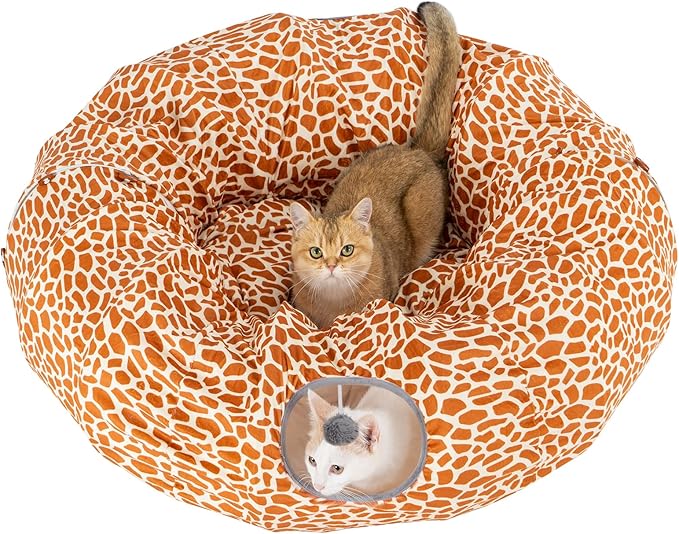 Avont Cat Tunnel Bed with Central Washable Cushion - Large Cat Tunnel Tube Toys 3 Shape to Play for Indoor Cats Kittens Puppies Ferret, Round Plush Fluffy Cat Bed with Tunnels -Giraffe