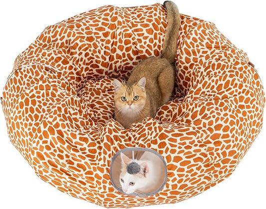 Avont Cat Tunnel Bed with Central Washable Cushion - Large Cat Tunnel Tube Toys 3 Shape to Play for Indoor Cats Kittens Puppies Ferret, Round Plush Fluffy Cat Bed with Tunnels -Giraffe