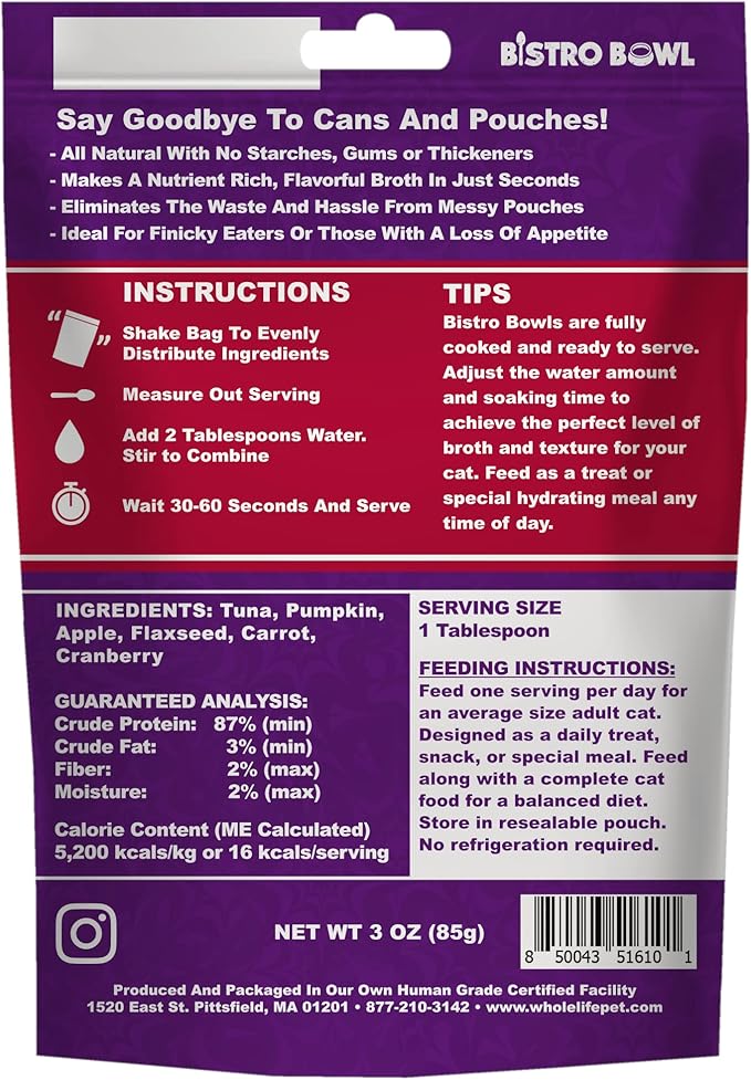 Whole Life Pet Freeze Dried Cat Food - Human-Grade Wet Cat Food Toppers, Natural Broth for Cats, Instantly Hydrating Cat Snacks, Lickable Cat Treats, Just Add Water - Shredded Tuna, 3 Oz