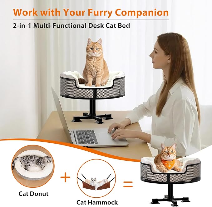 16" Cat Desk Bed, Heavy Duty Metal Desk Cat Bed with Removable Blanket, Cat Bed for Desk with Non-Slip Rubber Feet to Protect Desktop, Cat Bed Desk Up to 45LBs, Suitable for Small and Medium Cats/Dogs