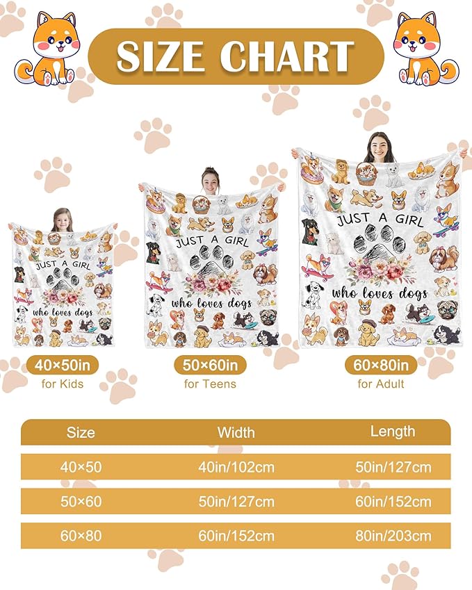 Dog Lovers Gifts for Women, Just A Girl Who Loves Dogs, Blanket with Dogs On It, Dog Lover Blankets for Girls, Puppys Gifts for Women Girl Kids, Puppys Theme Blanket 40" X 50"