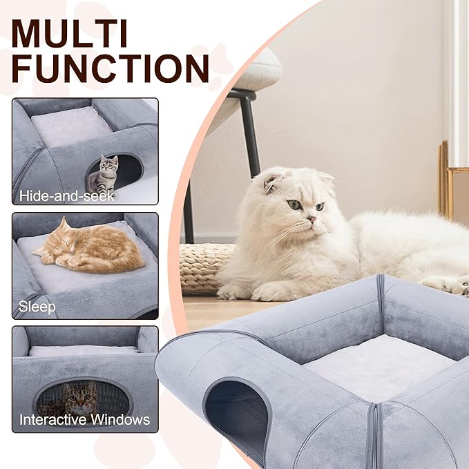 Hilltown Cat Tunnel Bed for Indoor Cats,Metal-Free Design,Scratch-Resistant Multi-Functional Cave,4 Safe Windows,Keeps Cats Safe and Entertained-Large