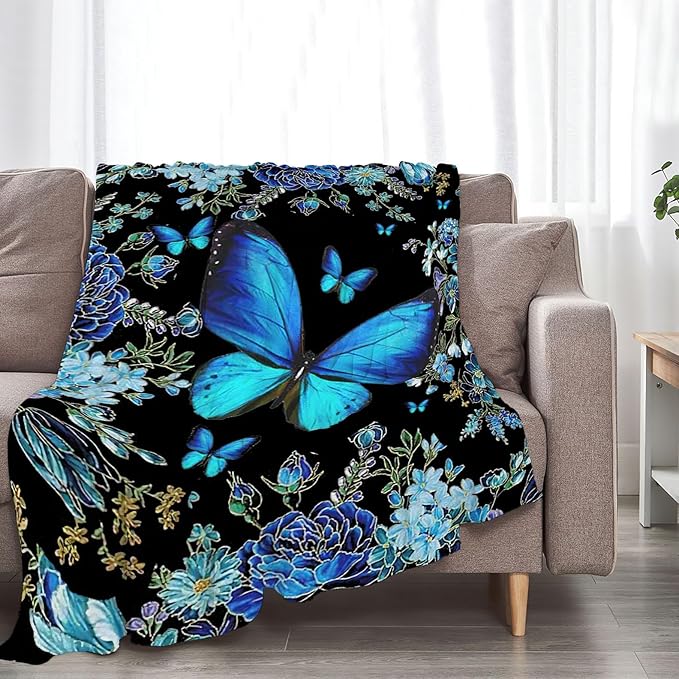 Butterfly Blanket Blue Butterflies Decor Throw Blanket Super Warm Soft Plush Fleece Flannel Beautiful Butterfly Flowers Blanket Gifts for Girls Boys Winter Couch Bedding for Baby Kids Women 60"X80"