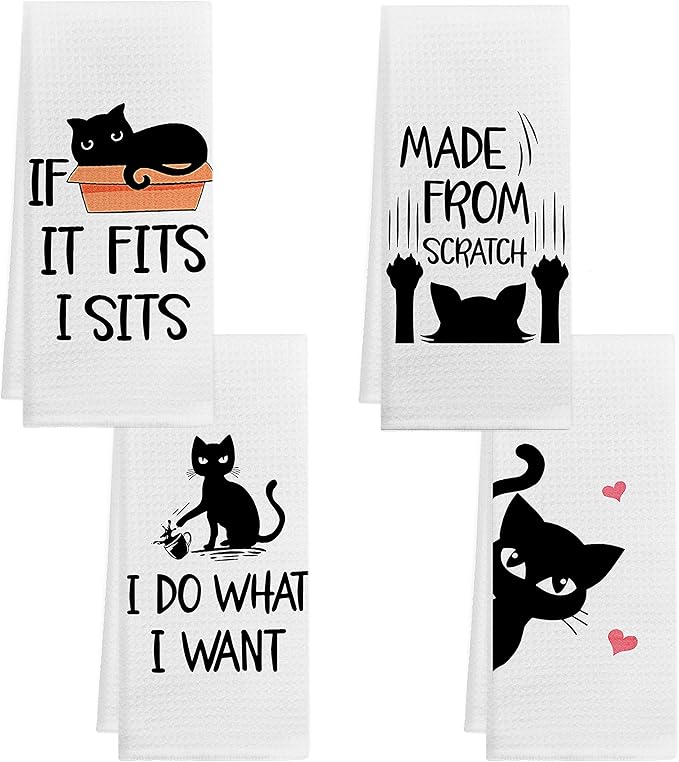 Black Cat Kitchen Towels 16x24 Set of 4, Cat Towels for Cat Lovers, Cat Hand Towels, Cat Dish Towels, Cat Lover Gifts for Women, Gifts for Cat Lovers, Cat Mom Gifts, Cat Owner Gifts