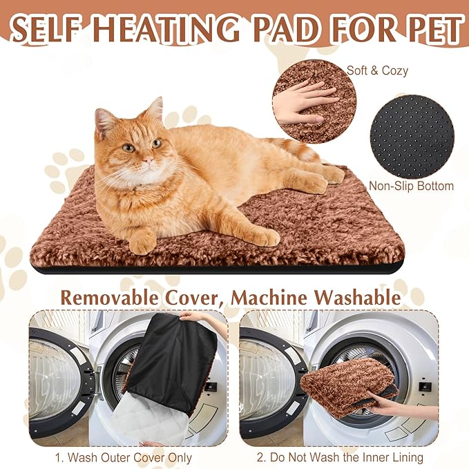 4 Pack Self Warming Cat Pads Self Heating Cat Mat Thermal Pads for Small Dogs Washable Pet Kennel Pad Crate Bed Mat with Removable Covers for Indoor Outdoor Pet(Brown,16 x 20 Inch)
