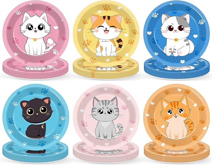 48Pcs 7" Cat Theme Party Paper Plates Kitten Dessert Birthday Supplies Kids Girls Birthday Dinner Table Decorations Cat Paw Disposable Dinnerware Plates for Baby Shower Party Favors