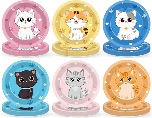 48Pcs 7" Cat Theme Party Paper Plates Kitten Dessert Birthday Supplies Kids Girls Birthday Dinner Table Decorations Cat Paw Disposable Dinnerware Plates for Baby Shower Party Favors