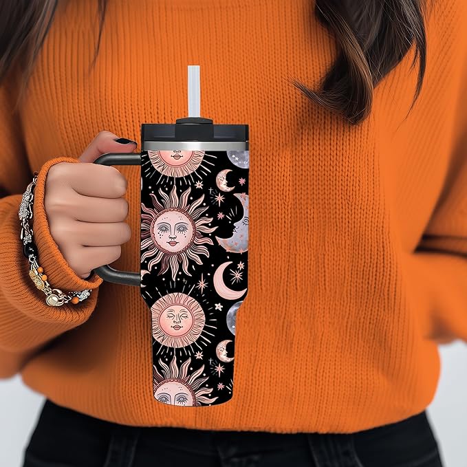 AMZUShome 40 OZ Goth Sun Moon Star Tumbler with Handle.Unique Birthday Christmas Gifts for Goth Lover.Personalized 40 OZ Goth Sun Moon Star Tumbler Gifts for Women Men.