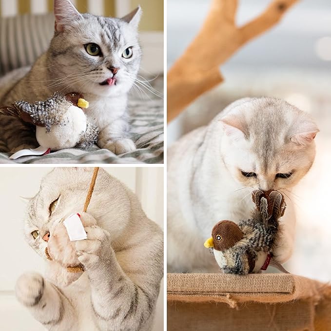 Gigwi Automatic Cat Toys Pack, Interactive Cat Toys Electronic Squeaky Animals Bird/Cricket/Mouse Sounds, Plush Toys for Cats to Play Alone, Play and Squeak Cat Toys for Indoor Cats Boredom,3 Pcs