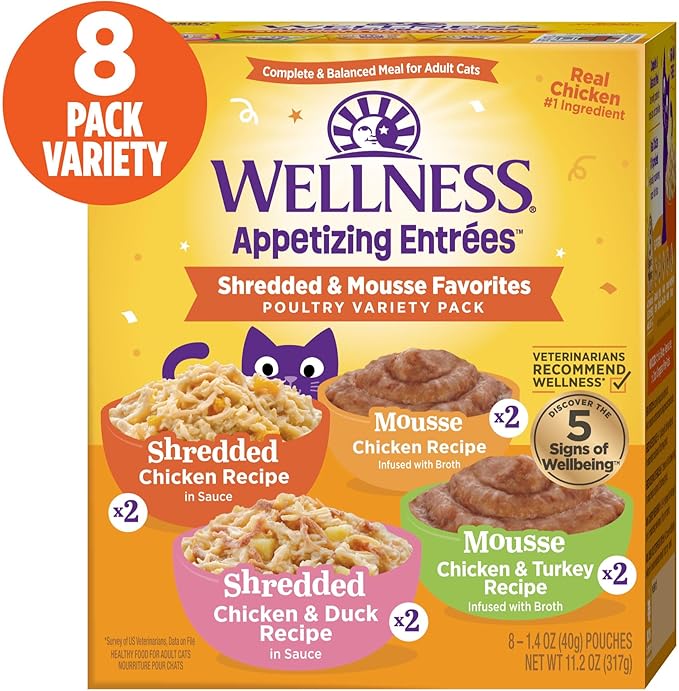Wellness® Appetizing Entrées™ Shredded & Mousse Favorites, Poultry Variety Pack, Natural Wet Cat Food, 1.4 oz Pouch (Pack of 8)