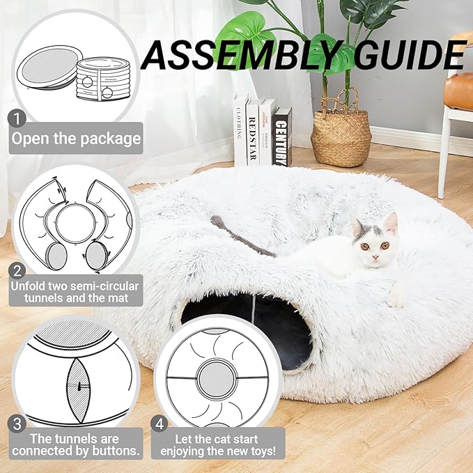 LUCKITTY Warm Fluffy Plush Cat Dog Tunnel Bed with Washable Cushion-Big Tube Playground Toys 3 FT Diameter Longer Crinkle Collapsible 3 Way, for Indoor Cat Kitty Kitten Puppy Rabbit Ferret White